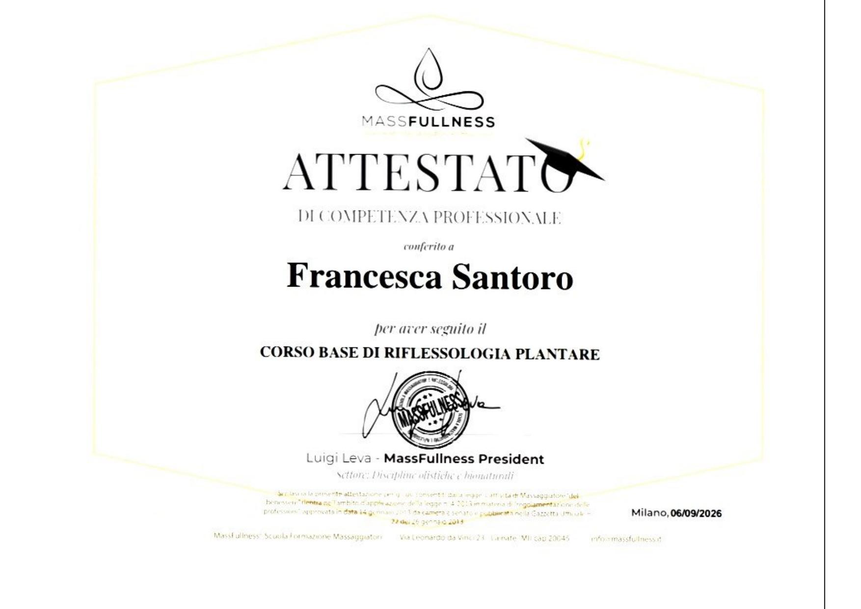 Attestato di competenza professionale in riflessologia plantare rilasciato a Francesca Santoro